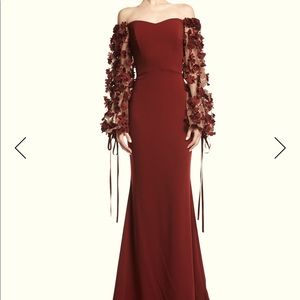 Badgley mischka. Odessa off-the shoulder crepe evening gown dress.